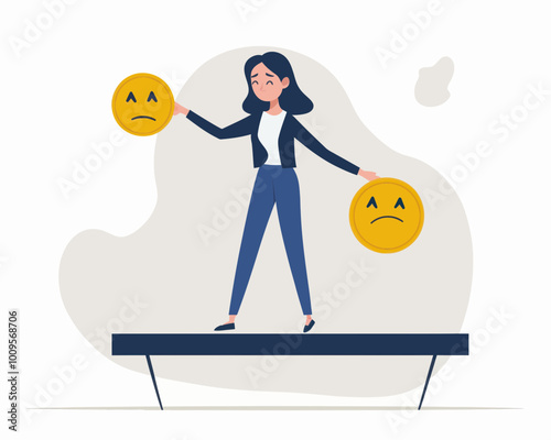 Mindful Emotional Intelligence: Woman Balancing Happy and Sad Faces to Control Stress and Achieve Work-Life Balance - Flat Minimalist Vector Illustration