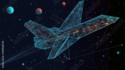 Wireframe Origami Aircraft in Starry Sky with Planets and Stars, Minimalist Space Concept