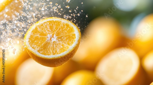 Orange half appears floating with shimmering water droplets, conveying a sense of freshness and purity. Artistic blur creates depth and focus on the fruit.