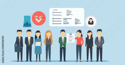 Flat Design Illustration of HR Team Reviewing Resumes and Applicant Profiles for Recruitment and Hiring Process