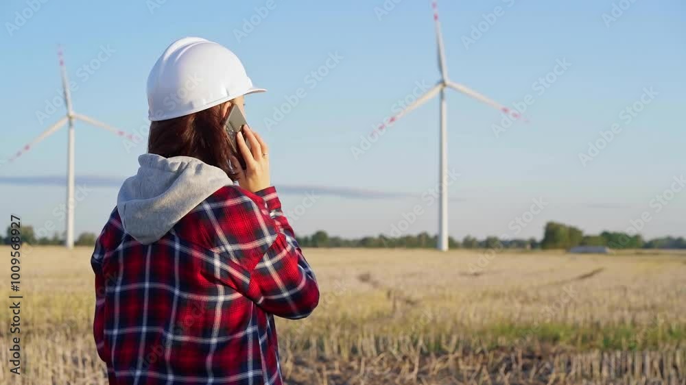 custom made wallpaper toronto digitalWoman engineer, wearing a white protective helmet, is talking on a smartphone in a field with wind turbines as the sun sets. Concept of clean energy and engineering audit