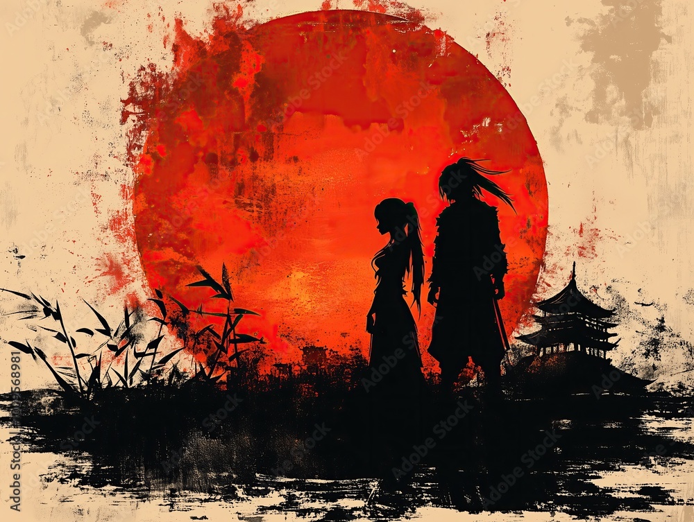 Cream-colored graphic design featuring the silhouette of an samurai next to a girl, with a Japanese house and a large red sun in the background. Bold, minimal style