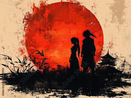 Obraz na płótnie Cream-colored graphic design featuring the silhouette of an samurai next to a girl, with a Japanese house and a large red sun in the background. Bold, minimal style w salonie
