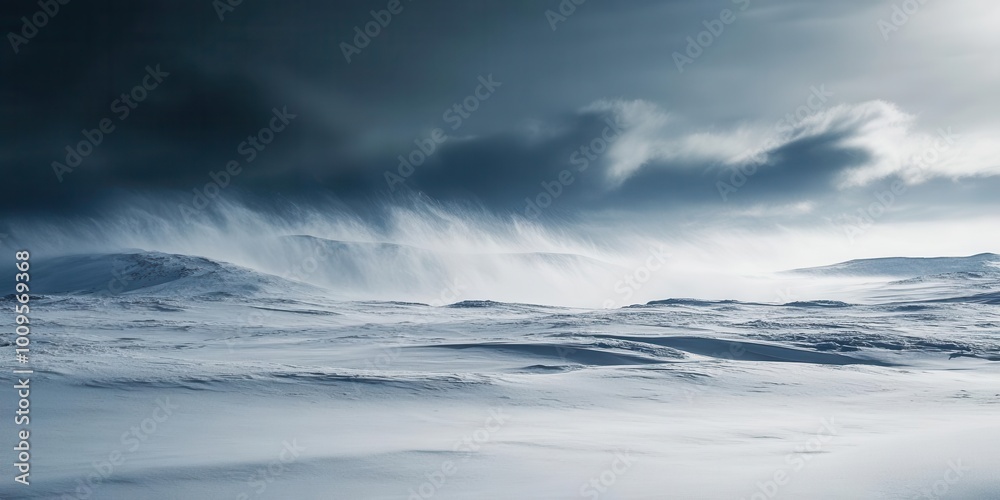 Fototapeta premium A serene winter landscape with snow and dramatic clouds, evoking a sense of isolation.