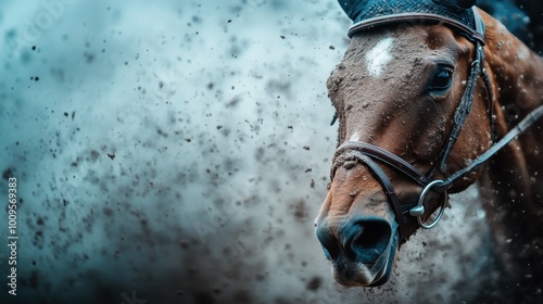 The image features a horse's focused gaze amidst flying dirt, capturing the grit and determination of an impending race, perfectly depicting strength and motion. photo