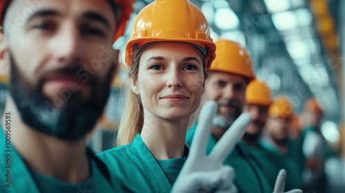A group of confident workers in green uniforms and yellow safety helmets smiling at the camera, representing teamwork and workplace positivity in an industrial setting.