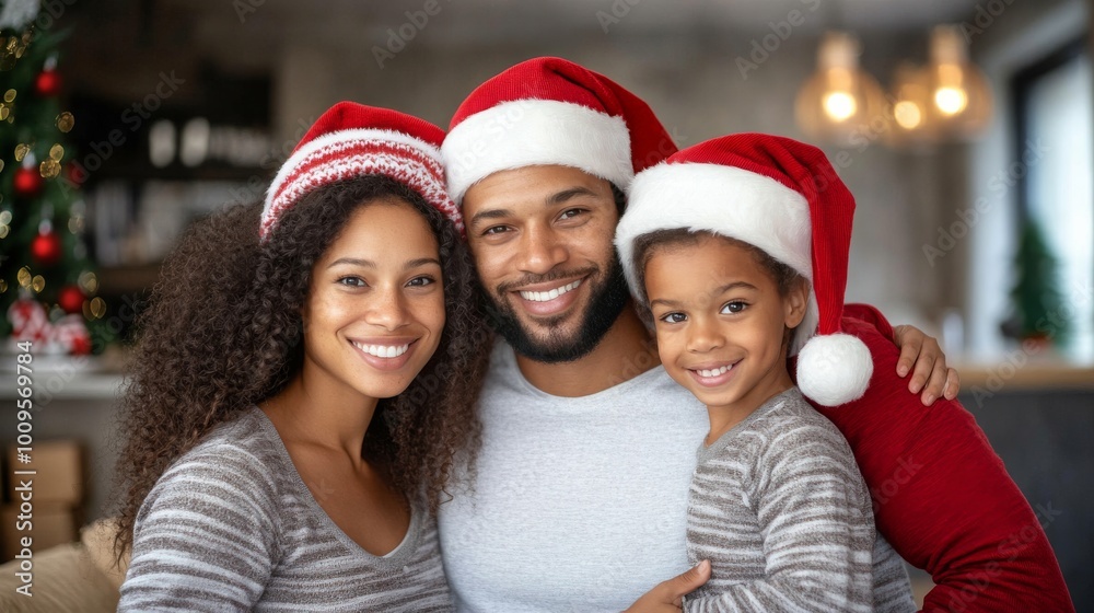 Christmas Family Portrait: A joyous portrait of a loving Black family, adorned in Santa hats, captures the warmth and spirit of Christmas cheer. The image radiates happiness, togetherness. Christmas Family Portrait: A joyous portrait of a loving Black family, adorned in Santa hats, captures the warmth and spirit of Christmas cheer. The image radiates happiness, togetherness.