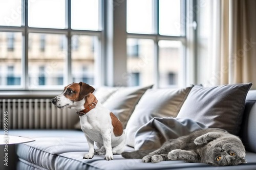 Photography Relaxed cute domestic dogs and cat in living room.