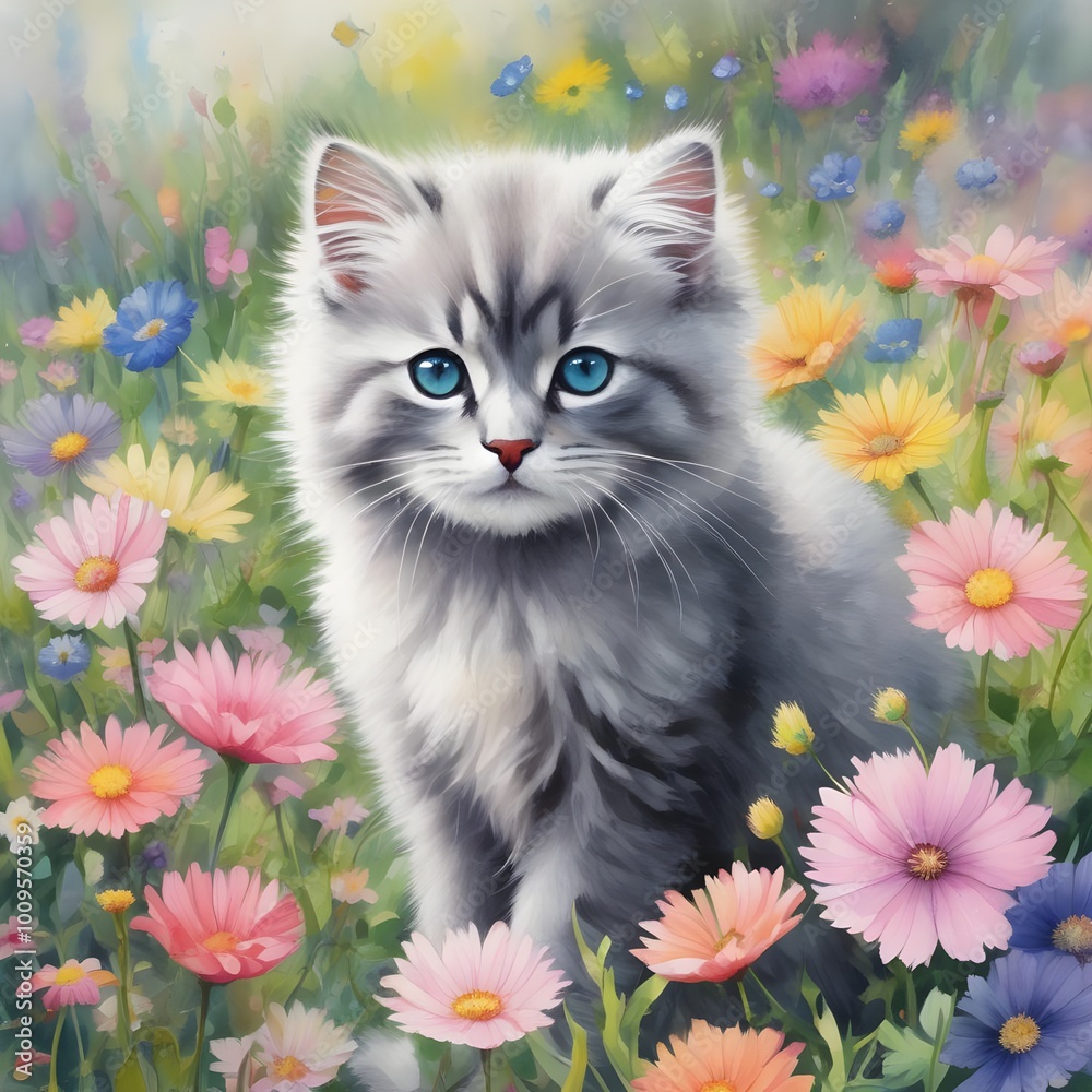 Grey kitten in a flower field Grey kitten in a flower field