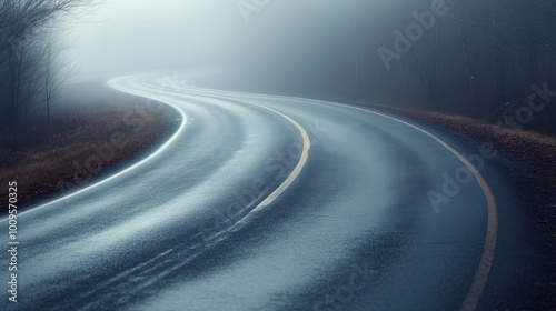 This image captures a foggy road curving gently through a tranquil, peaceful landscape. The fog and subdued colors create a calming, reflective mood in nature.