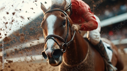 An up-close view of a horse charging powerfully through a race track, spotlighting the energy and focus required in professional equestrian sports competitions.