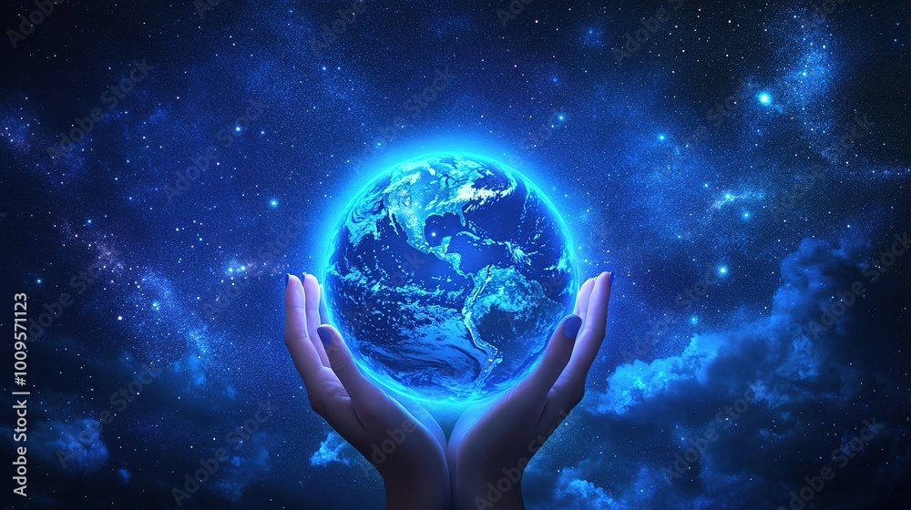 Glowing Earth in Hands Under Starry Sky Glowing Earth in Hands Under Starry Sky