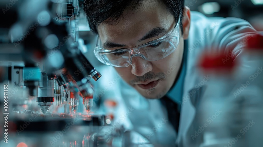 A scientist wearing safety goggles concentrates deeply while conducting advanced research in a sophisticated laboratory, showcasing dedication and precision. A scientist wearing safety goggles concentrates deeply while conducting advanced research in a sophisticated laboratory, showcasing dedication and precision.