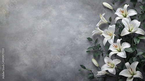 White lilies with green leaves on a gray background.