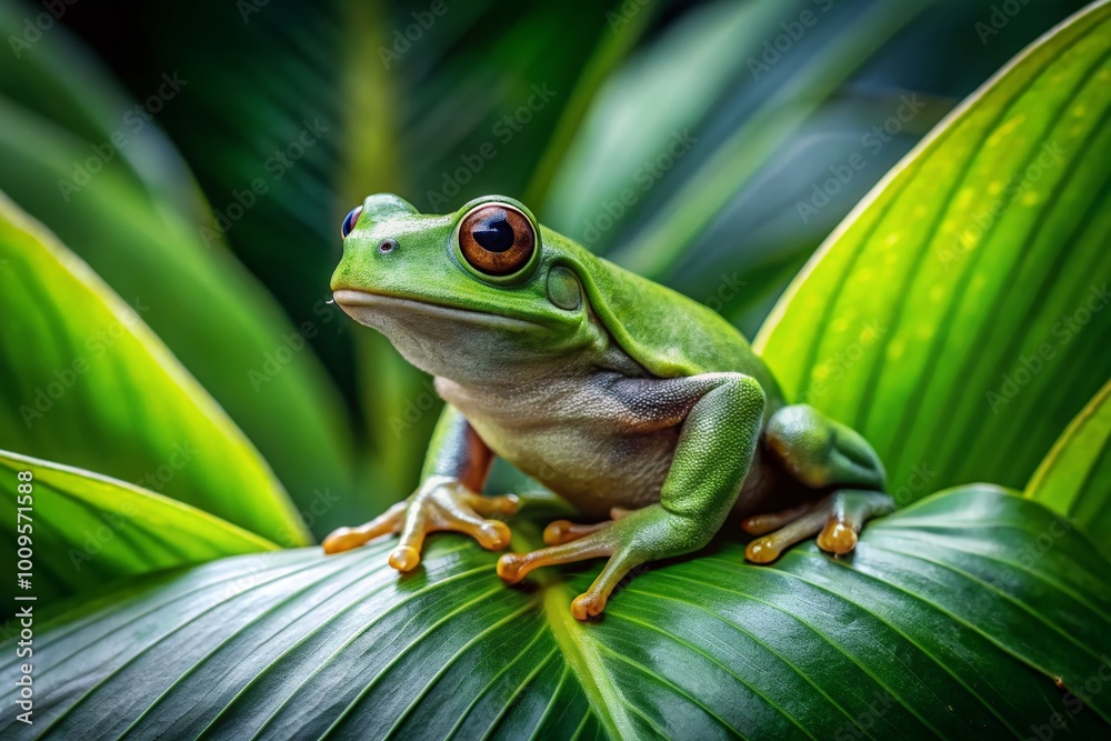 Vibrant Green Frog on Leafy Background for Nature Enthusiasts and Wildlife Lovers Wallpaper Design Vibrant Green Frog on Leafy Background for Nature Enthusiasts and Wildlife Lovers Wallpaper Design
