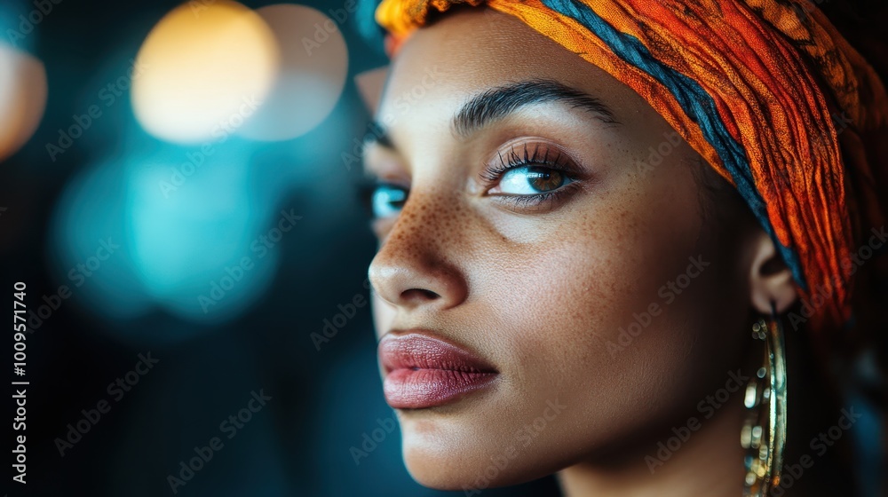 A woman wearing a vibrant, patterned headscarf looks sideways outdoors, with a blurred background of lights, capturing her striking eyes and freckled complexion. A woman wearing a vibrant, patterned headscarf looks sideways outdoors, with a blurred background of lights, capturing her striking eyes and freckled complexion.