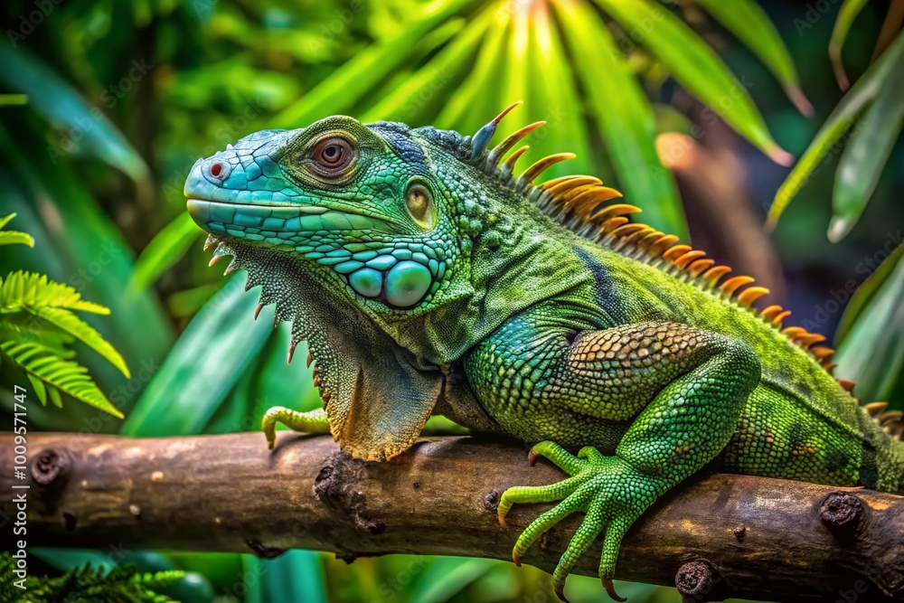 Vibrant Green Iguana Resting on a Branch in Lush Tropical Environment Under Bright Sunlight Vibrant Green Iguana Resting on a Branch in Lush Tropical Environment Under Bright Sunlight