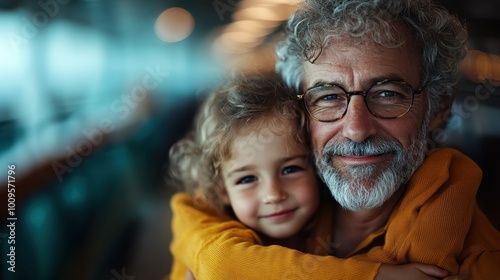 A joyful child with curly hair hugs an elderly man with gray hair and glasses, capturing warmth, love, and generational bonds in a calm and inviting setting.