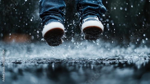 A dynamic and uplifting image of a person clad in sneakers, captured mid-jump amidst the rain, producing splashes that reflect a sense of freedom and lighthearted adventure. photo