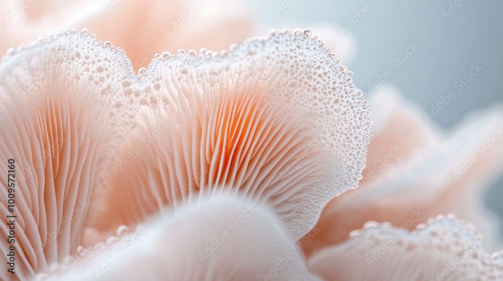 A detailed macro shot of ruffled mushroom structures, capturing the luminous quality and delicate intricacies in the natural world of fungi and their formations. A detailed macro shot of ruffled mushroom structures, capturing the luminous quality and delicate intricacies in the natural world of fungi and their formations.