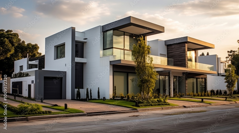 modern facade of a new house, modern architecture of mexico, modern residential houses of two floors. Guadalajara, Jalisco