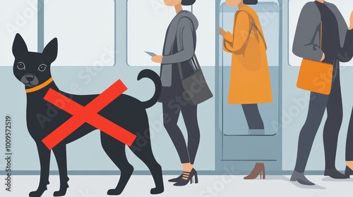 A graphic depicting a dog with a prohibition sign in a subway setting.