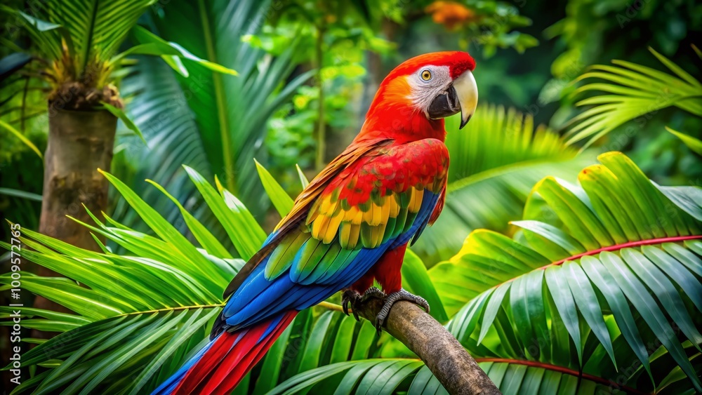 Vibrant Green Winged Macaw Perched on Branch Amidst Lush Tropical Foliage in Natural Habitat Vibrant Green Winged Macaw Perched on Branch Amidst Lush Tropical Foliage in Natural Habitat