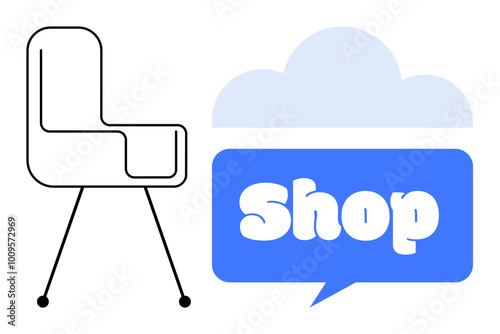 Simple chair outline next to a cloud-shaped speech bubble with the word Shop. Ideal for e-commerce, home decor, online shopping, furniture stores, and marketing. Minimalist vector style