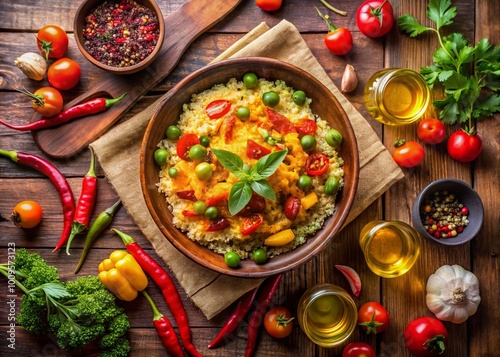 Vibrant Halal Asalato Dish with Fresh Vegetables and Spices on a Rustic Wooden Table Setting photo