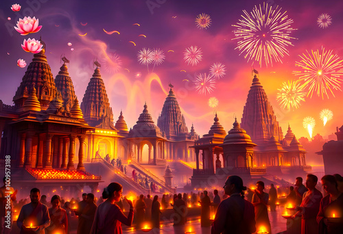 Celebrate Diwali in a mystical realm! Grand temples, mythical creatures, and glowing diyas converge in an ethereal, dreamlike scene, evoking reverence and joy. Diwali Greeting.