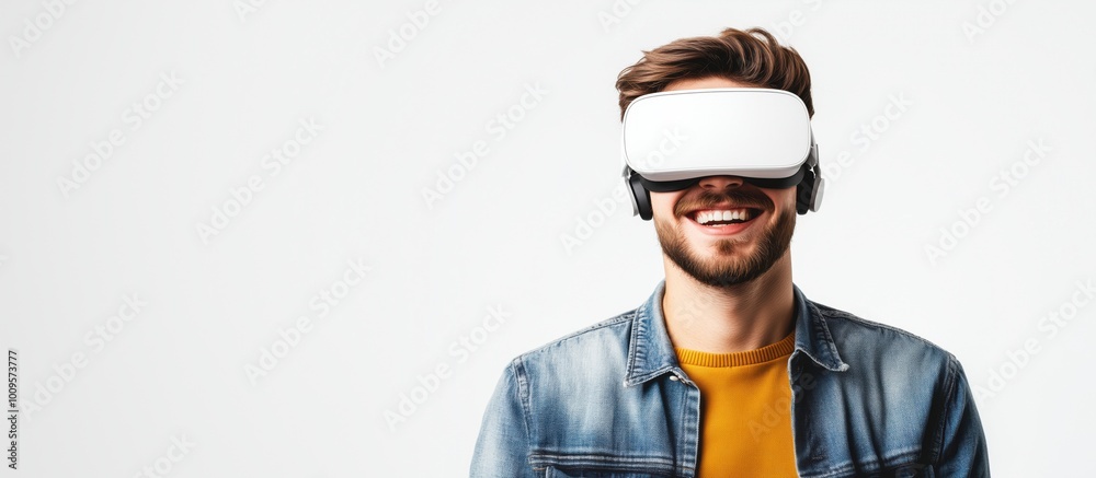 Virtual reality experience with smiling man Virtual reality experience with smiling man