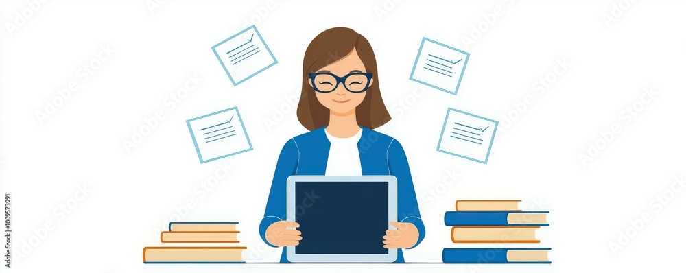 A focused woman studies with a tablet surrounded by books and notes, representing modern learning and productivity. A focused woman studies with a tablet surrounded by books and notes, representing modern learning and productivity.
