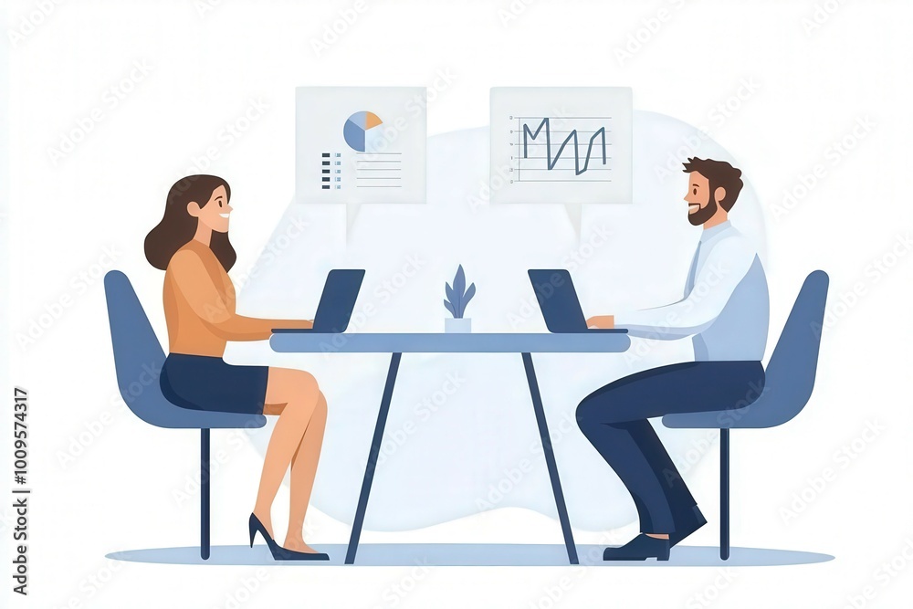 A modern workplace scene featuring two professionals engaged in a discussion over data analysis and strategy. A modern workplace scene featuring two professionals engaged in a discussion over data analysis and strategy.