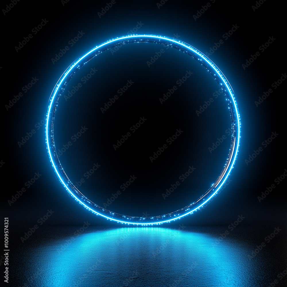 Fototapeta premium A blue neon circle on a black background