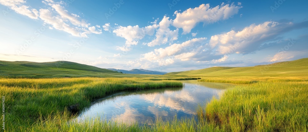 Surrounded by lush green hills, a body of water reflects a blue sky dotted with clouds Surrounded by lush green hills, a body of water reflects a blue sky dotted with clouds