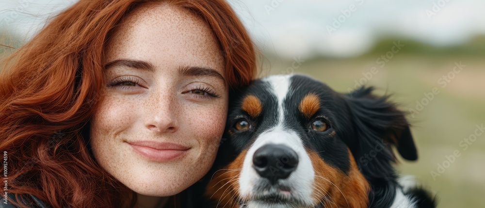 A woman, with red hair, hugs a black-and-white dog, as they bring their faces near each other A woman, with red hair, hugs a black-and-white dog, as they bring their faces near each other