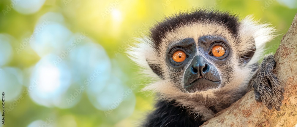 Fototapeta premium A monkey with orange eyes gazes closely from a tree branch, background of blurred leaves