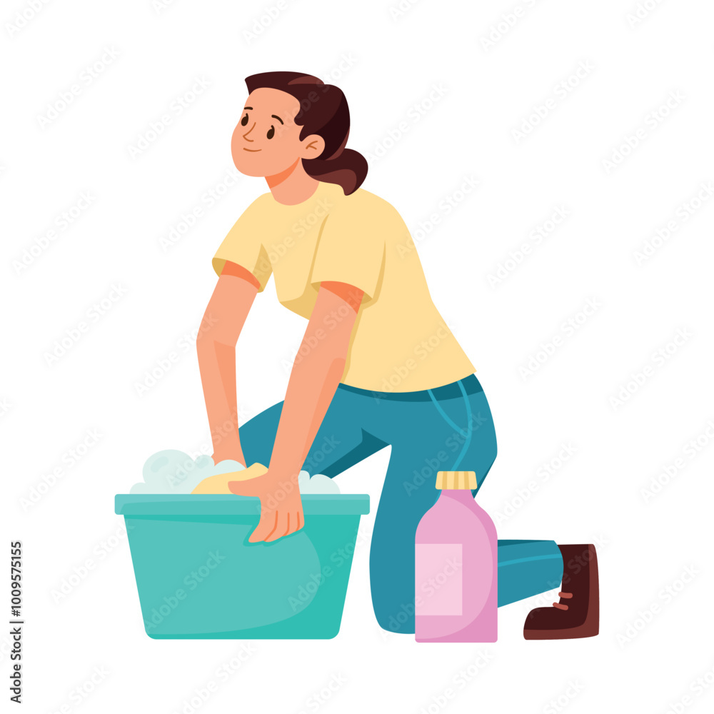 Woman Character Cleaning Floor Do Cleanup at Home Vector Illustration Woman Character Cleaning Floor Do Cleanup at Home Vector Illustration