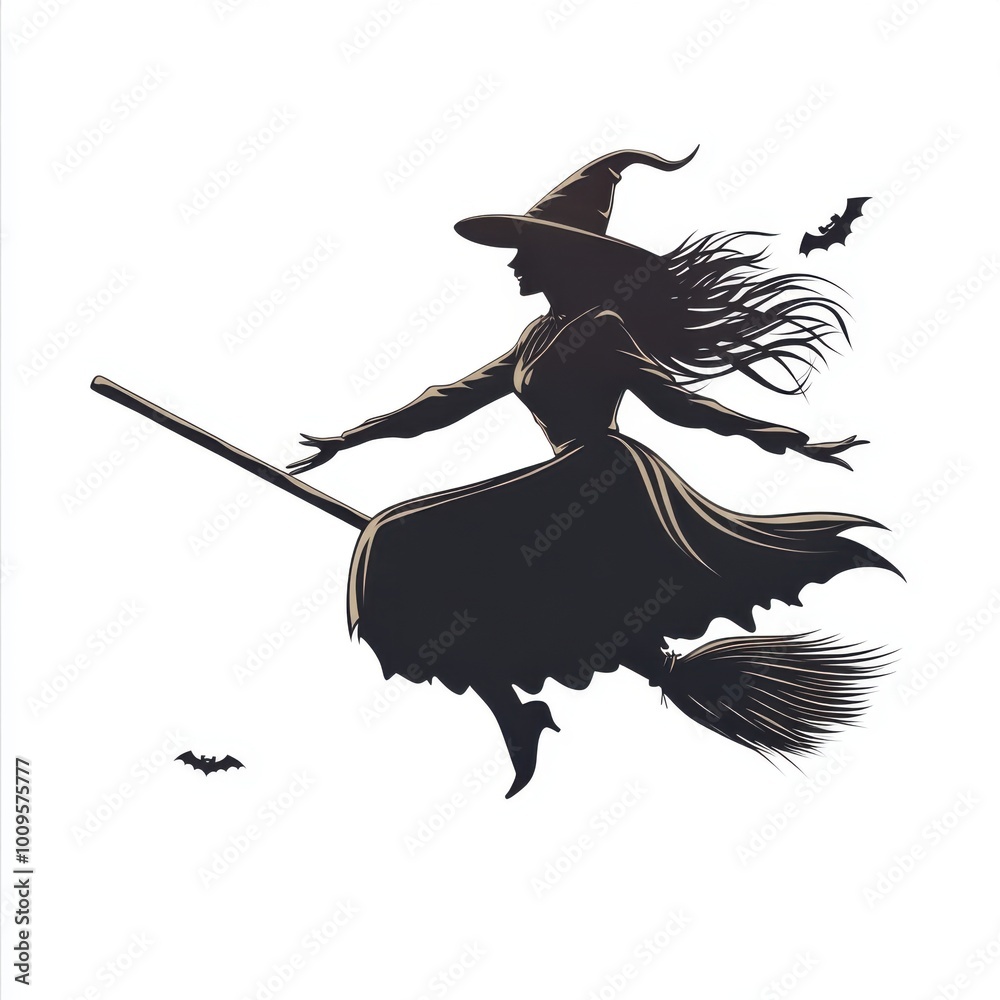 Fototapeta premium A witch flying on a broomstick, Halloween element, silhouette style, dark tones, isolated on white background