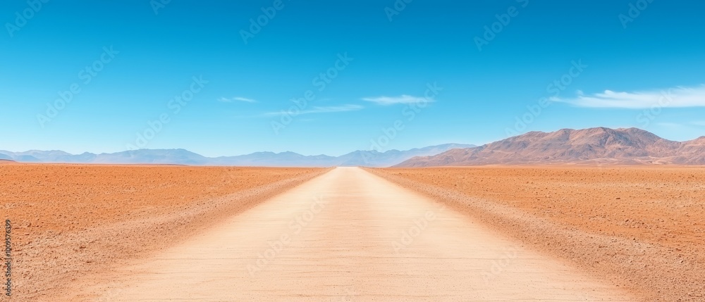 A dirt path traverses a desert, bordered by towering mountains against a backdrop of a blue sky dotted with wispy clouds A dirt path traverses a desert, bordered by towering mountains against a backdrop of a blue sky dotted with wispy clouds