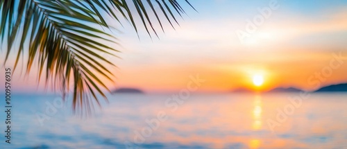  The sun sets over the ocean, with a palm tree in the foreground and a small island distant
