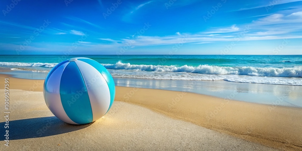 Obraz premium Vibrant Light Blue Beach Ball on Sandy Shore with Clear Blue Sky and Gentle Ocean Waves Background