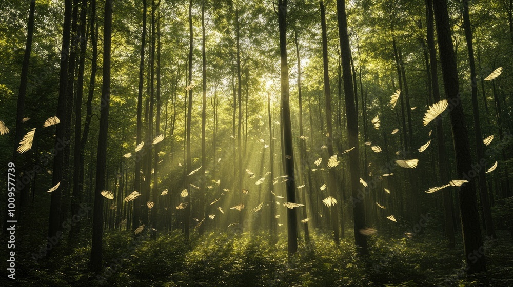 Obraz premium Golden Wings Floating Through a Sunlit Forest