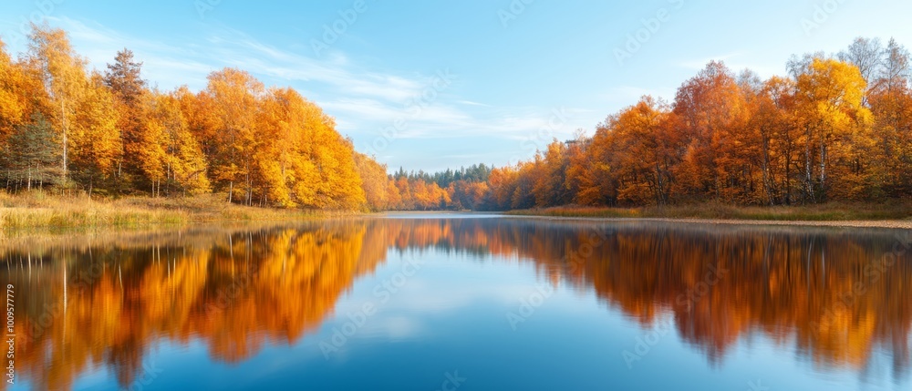 Surrounding a body of water are trees, their leaves transitioning from orange to yellow Above, a blue sky is speckled with wispy clouds Surrounding a body of water are trees, their leaves transitioning from orange to yellow Above, a blue sky is speckled with wispy clouds