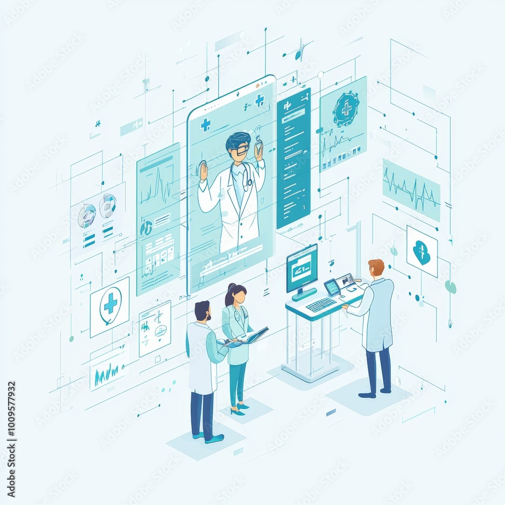 Healthcare Professionals Analyzing Digital Medical Data in a Futuristic Clinic Healthcare Professionals Analyzing Digital Medical Data in a Futuristic Clinic