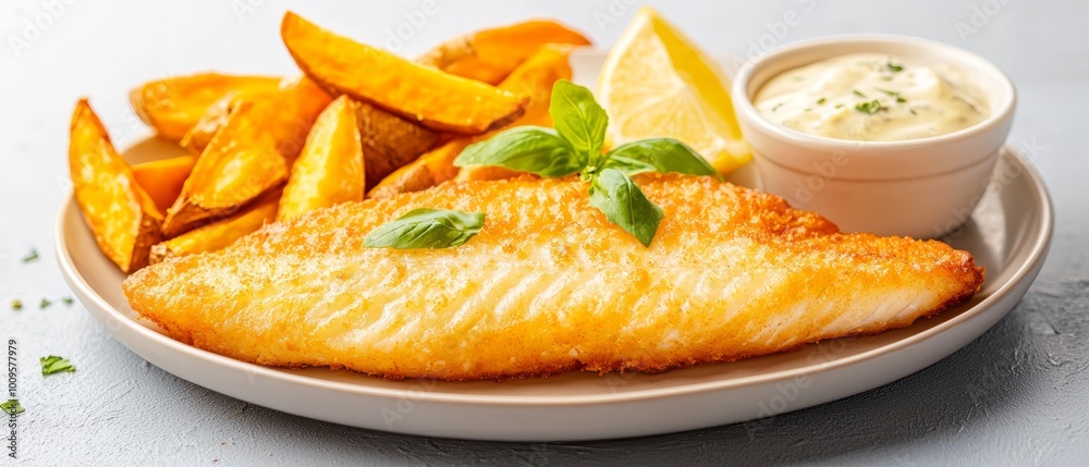A white plate holds a fish dish accompanied by French fries Nearby, a bowl of sauce and a small dipping bowl are presented A white plate holds a fish dish accompanied by French fries Nearby, a bowl of sauce and a small dipping bowl are presented
