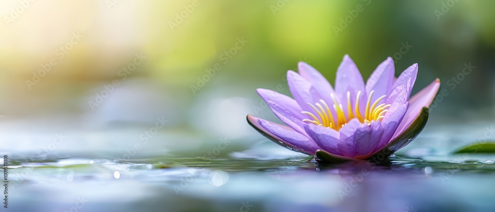 A purplish water lily floats atop tranquil water, beaded with droplets beneath A purplish water lily floats atop tranquil water, beaded with droplets beneath