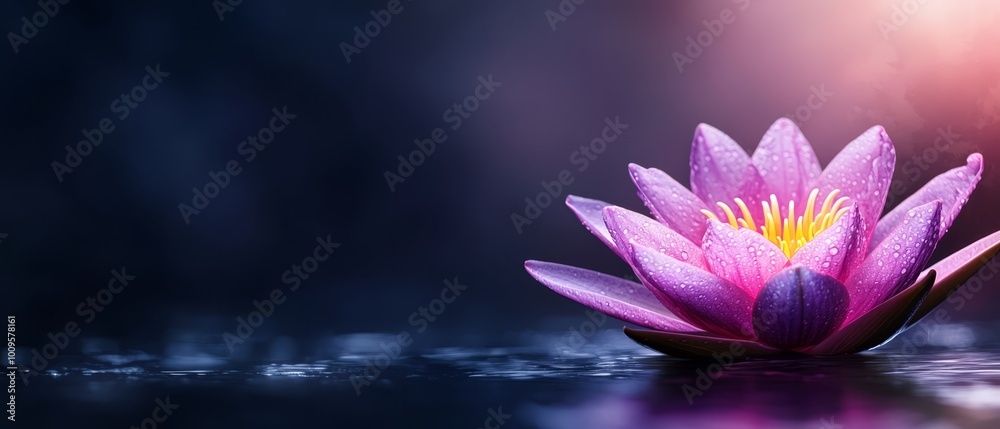 A tight shot of a pink blossom hovering over still water, surrounded by tranquility In the distance, a radiant light beckons A tight shot of a pink blossom hovering over still water, surrounded by tranquility In the distance, a radiant light beckons