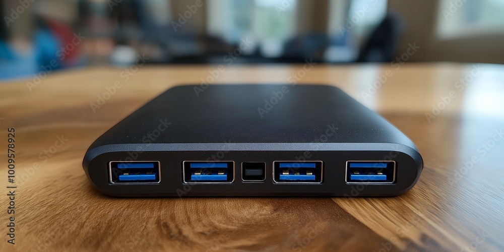 Black USB hub with five ports, offering multiple connectivity solutions for modern electronic devices and efficient data transfer technology, Generative AI Black USB hub with five ports, offering multiple connectivity solutions for modern electronic devices and efficient data transfer technology, Generative AI