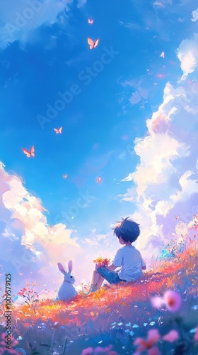 A serene scene of a child and a rabbit surrounded by flowers under a vibrant sky.
